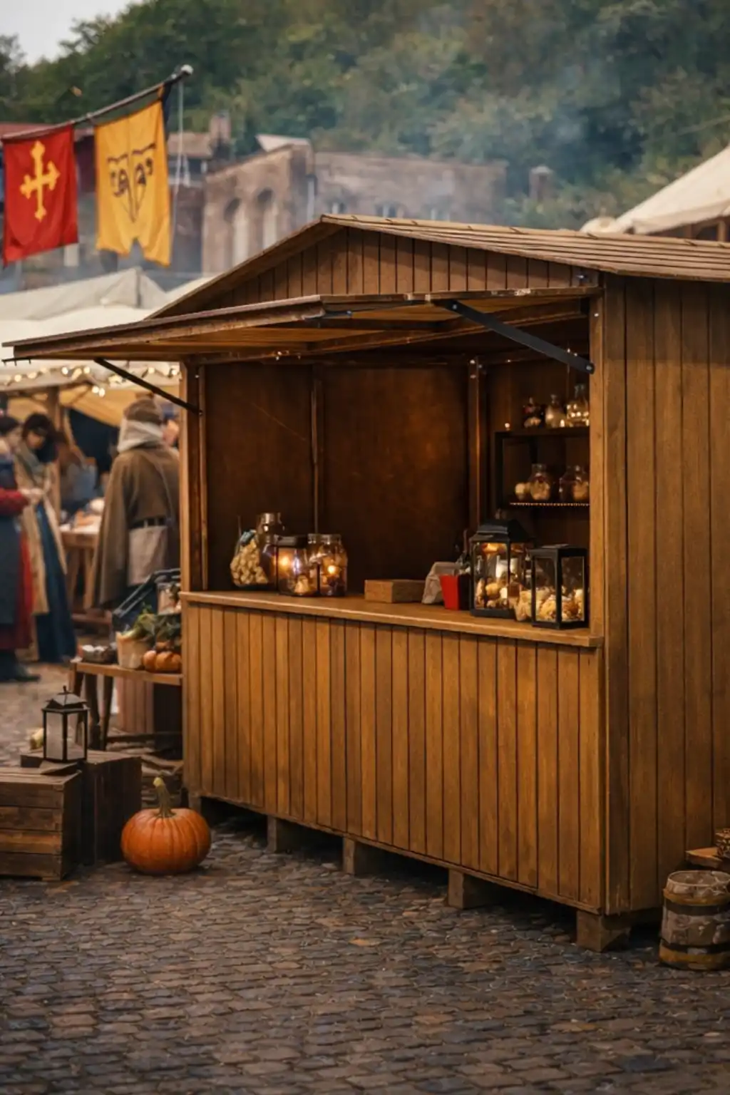 Caseta de madera utilizada en un mercadillo temático como parte de un evento organizado