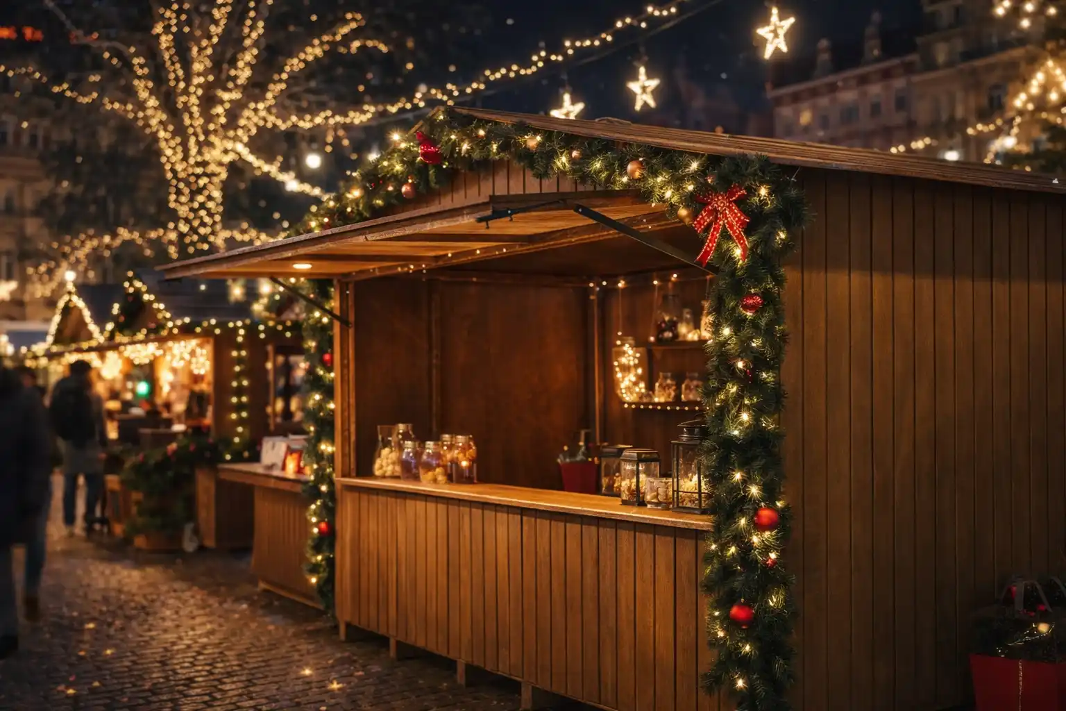 Caseta de madera integrada en un mercadillo navideño con iluminación decorativa y ambiente festivo