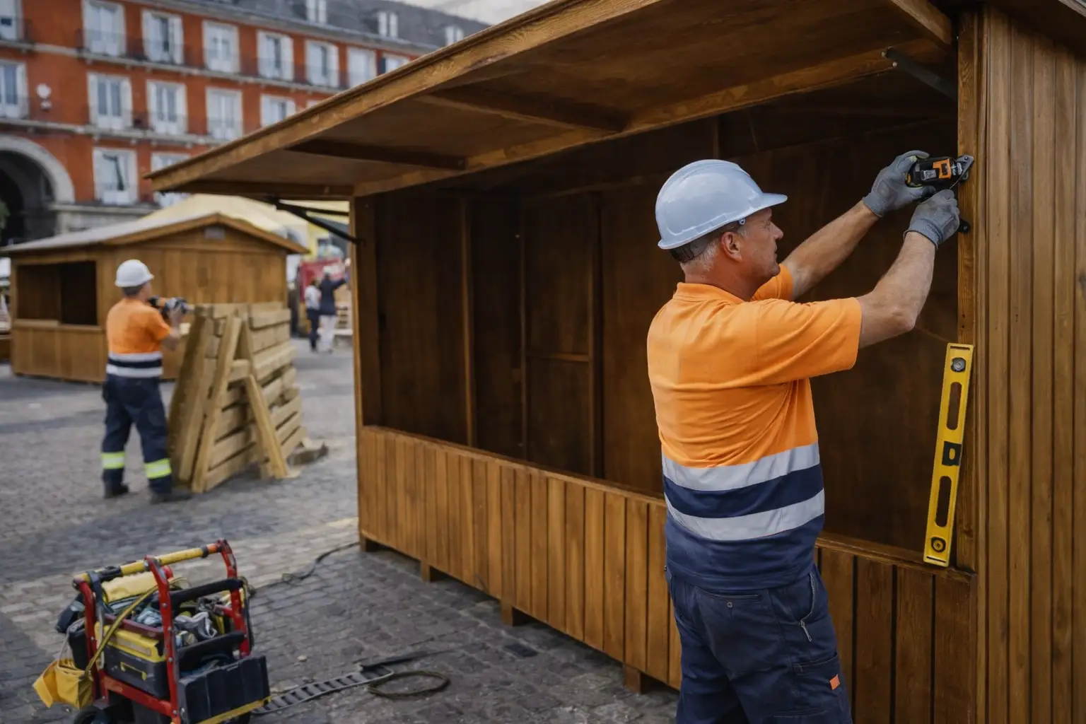 Técnico especializado realizando el montaje seguro de una caseta de madera para evento
