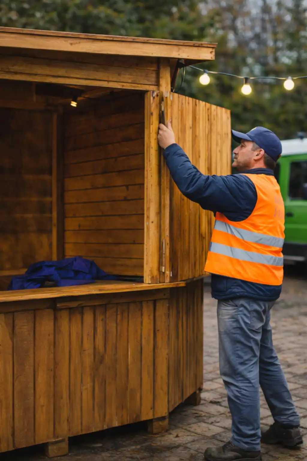 Montaje profesional de caseta de madera para mercadillo tradicional