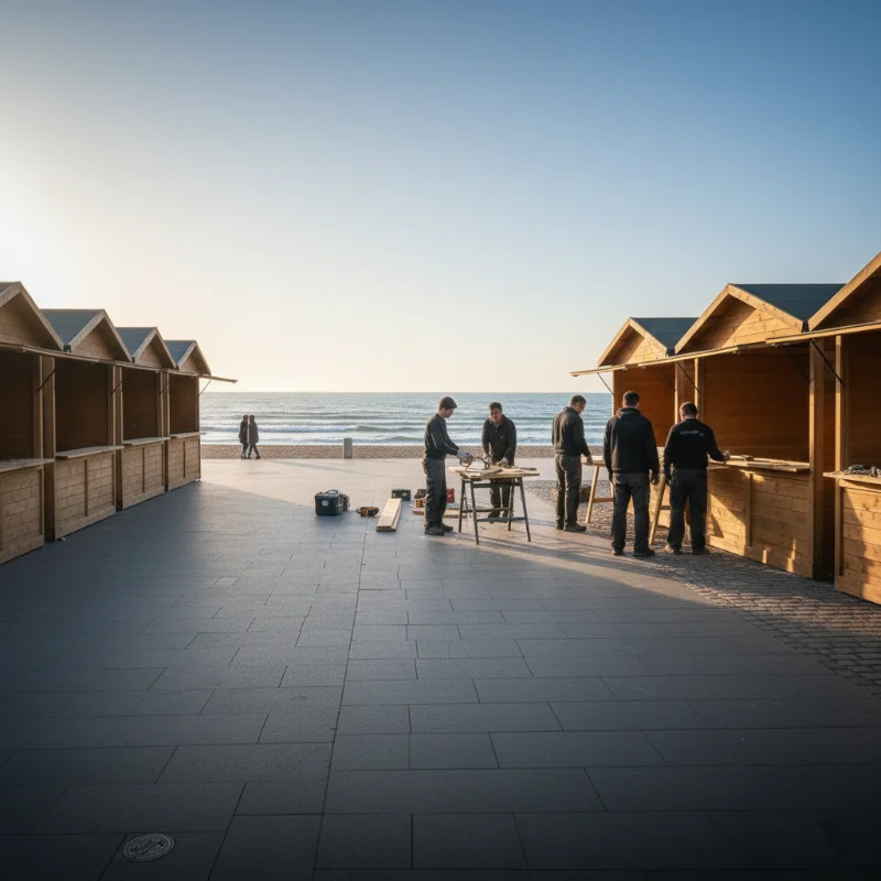 Montaje de casetas de madera en paseo marítimo junto al mar para feria o evento